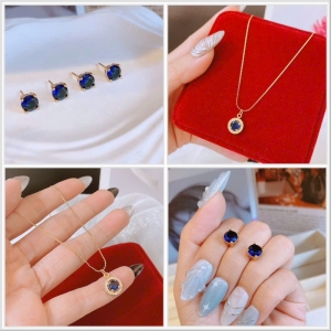 TT11062 - Set titan đá xanh than (dây chuyền, bông tai - màu vàng)