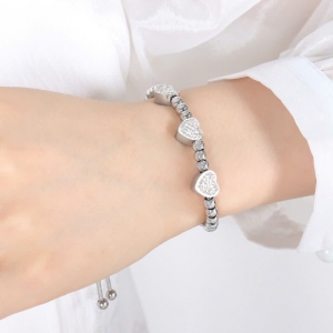 TTN11320 - Lắc tay titan bi phối charm tim đá dây rút (màu bạc)