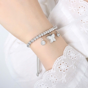 TTN11324 - Lắc tay titan bi phối charm bướm đá dây rút (màu bạc)