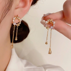 PKC5739- Bông tai 925 cao cấp vòng sao ngọc trai nhí