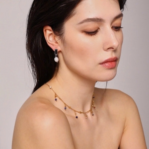 TTN11474-Bông tai titan đá đen giọt  nước