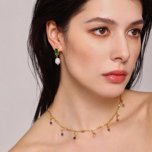 TTN11475-Bông tai titan đá xanh giọt nước