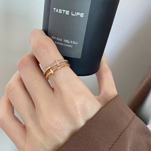 TTC11538-Nhẫn titan chữ thập kép (sz 5678 vàng hồng)