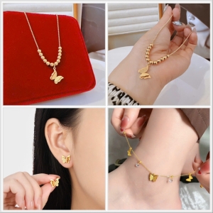 TT11603-Set titan buớm phun cát ( Dây chuyền , bông tai , lắc chân )