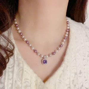 Dây chuyền cao cấp trai trắng mix tím mặt đá
